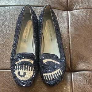New Chiara Ferragni Navy Sequin Loafers with Silver Eye Motif